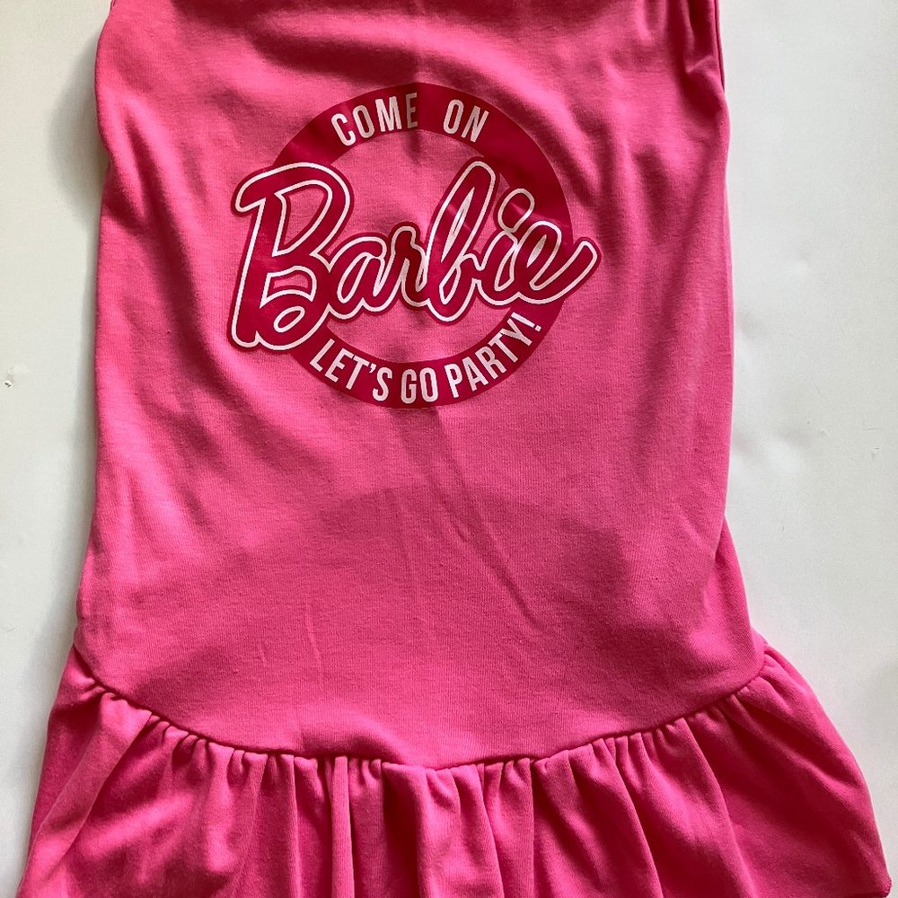 BARBIE LET'S GO PARTY SCREEN PRINT DOG DRESS AND 2 BOWS